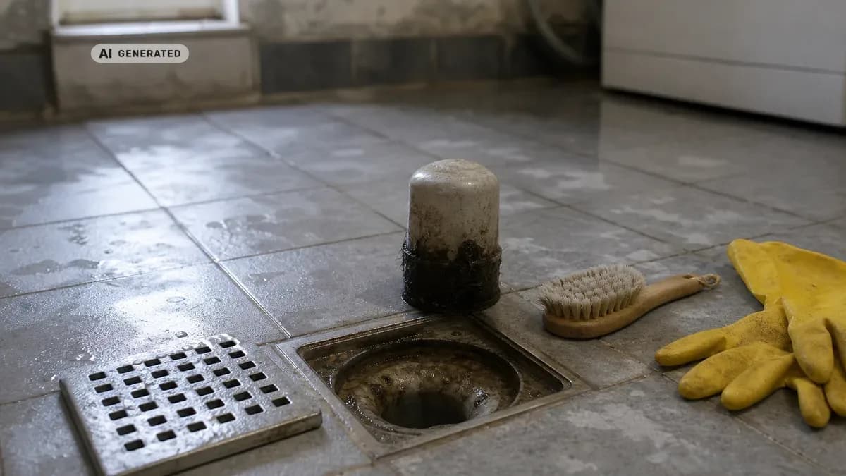 KI-generiertes Bild: Bodenablauf aus Edelstahl im gefliesten Kellerboden, Gitter abgenommen, daneben Tauchglocke, Bürste und Gummihandschuhe