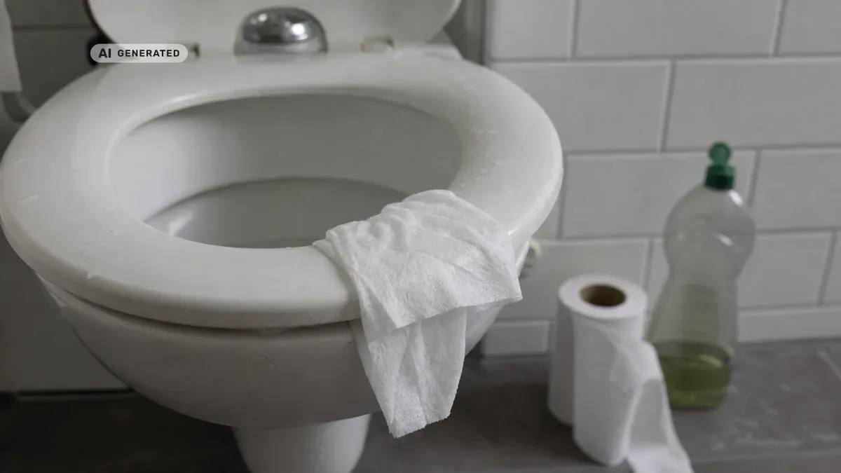 KI-generiertes Bild: Hand hält ein Feuchttuch über eine geöffnete Toilette – Symbolbild für korrekte Entsorgung im Haushalt